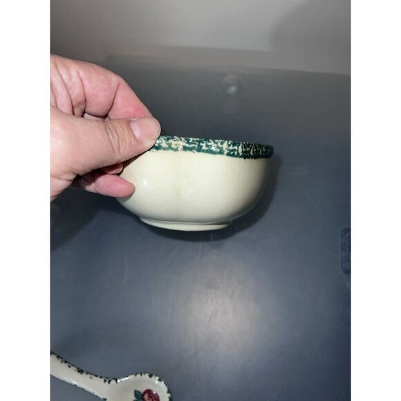 Ceramic Apple Bowl w/Spoon Condiment Serving Dish Spongeware Green & Red - Picture 5 of 8